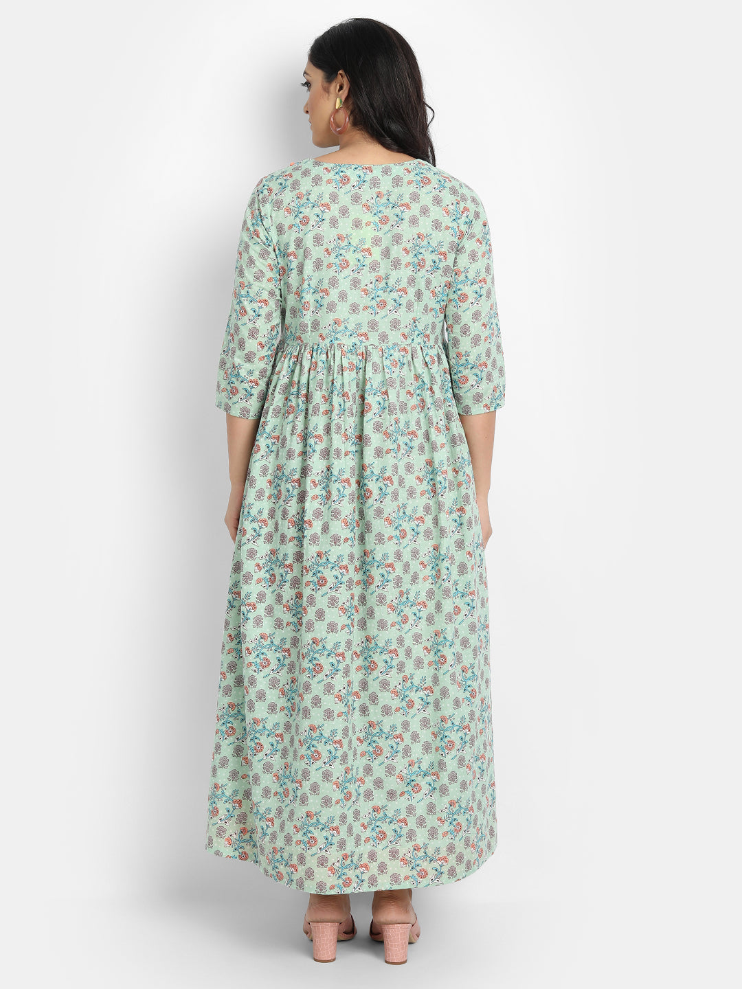 COTTON FLORAL PRINTED LONG DRESS WITH SEQUENCE AND BUTTON WORK