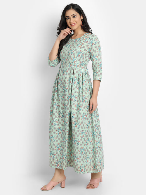 COTTON FLORAL PRINTED LONG DRESS WITH SEQUENCE AND BUTTON WORK