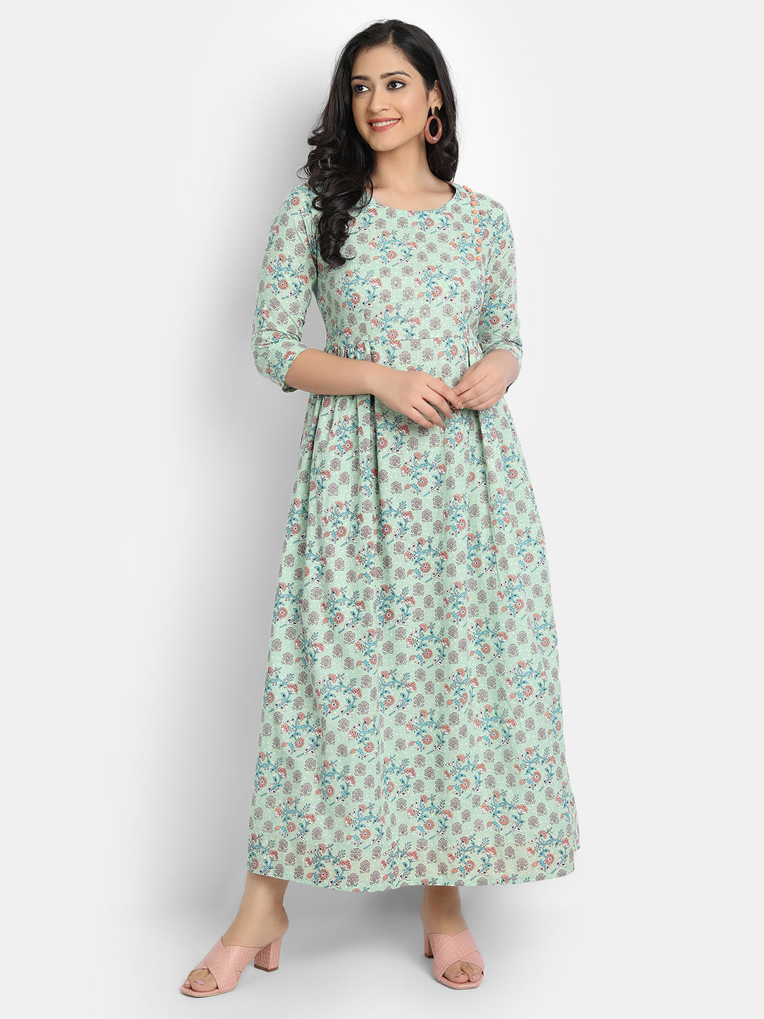 COTTON FLORAL PRINTED LONG DRESS WITH SEQUENCE AND BUTTON WORK