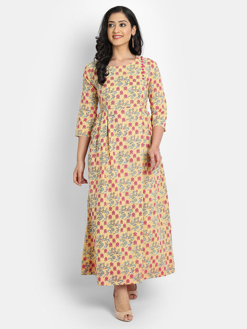 COTTON FLORAL PRINTED LONG DRESS WITH SEQUENCE AND BUTTON WORK