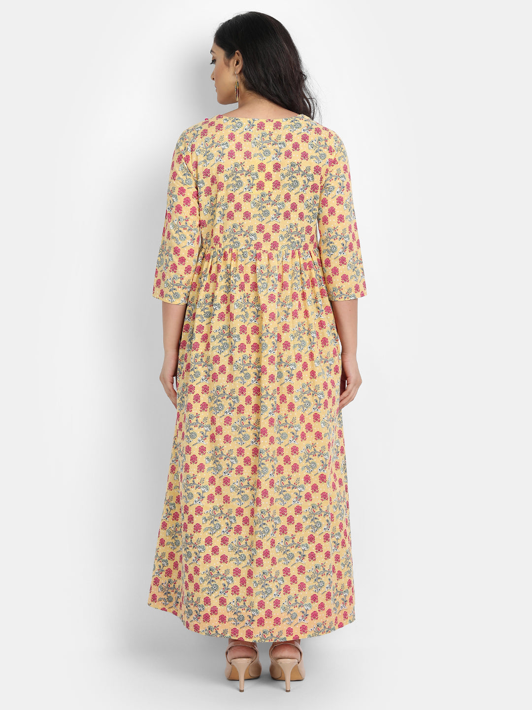 COTTON FLORAL PRINTED LONG DRESS WITH SEQUENCE AND BUTTON WORK