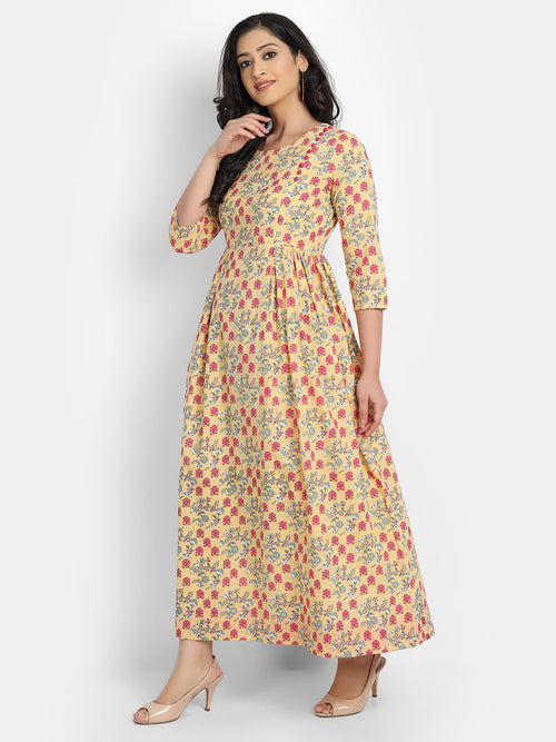 COTTON FLORAL PRINTED LONG DRESS WITH SEQUENCE AND BUTTON WORK