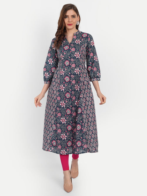 A-Line Cotton Kurti with Ajrakh Print