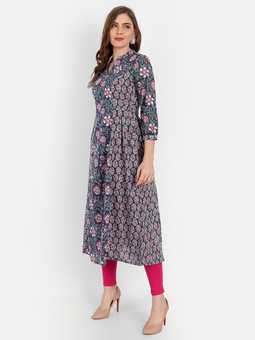 A-Line Cotton Kurti with Ajrakh Print