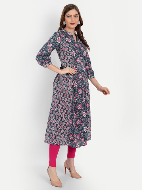 A-Line Cotton Kurti with Ajrakh Print