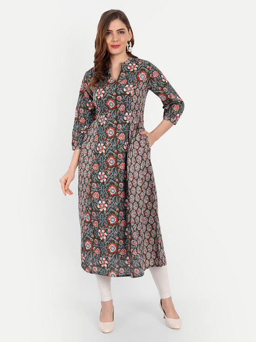 A-Line Cotton Kurti with Ajrakh Print