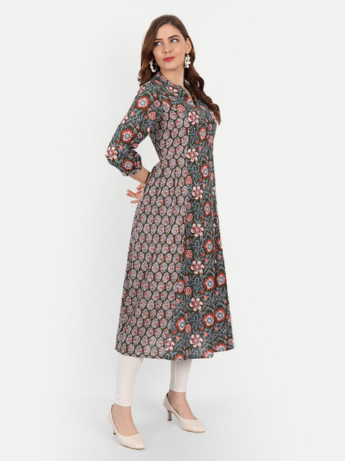 A-Line Cotton Kurti with Ajrakh Print