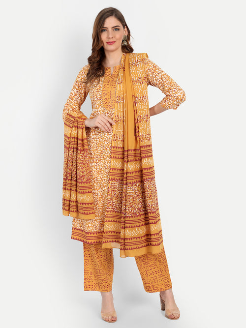 Sanganeri Printed 3Pc Cotton Kurta Set with Embroidery