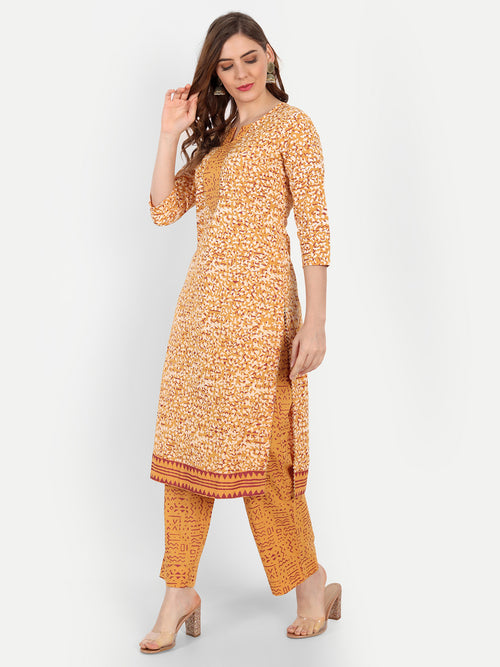 Sanganeri Printed 3Pc Cotton Kurta Set with Embroidery