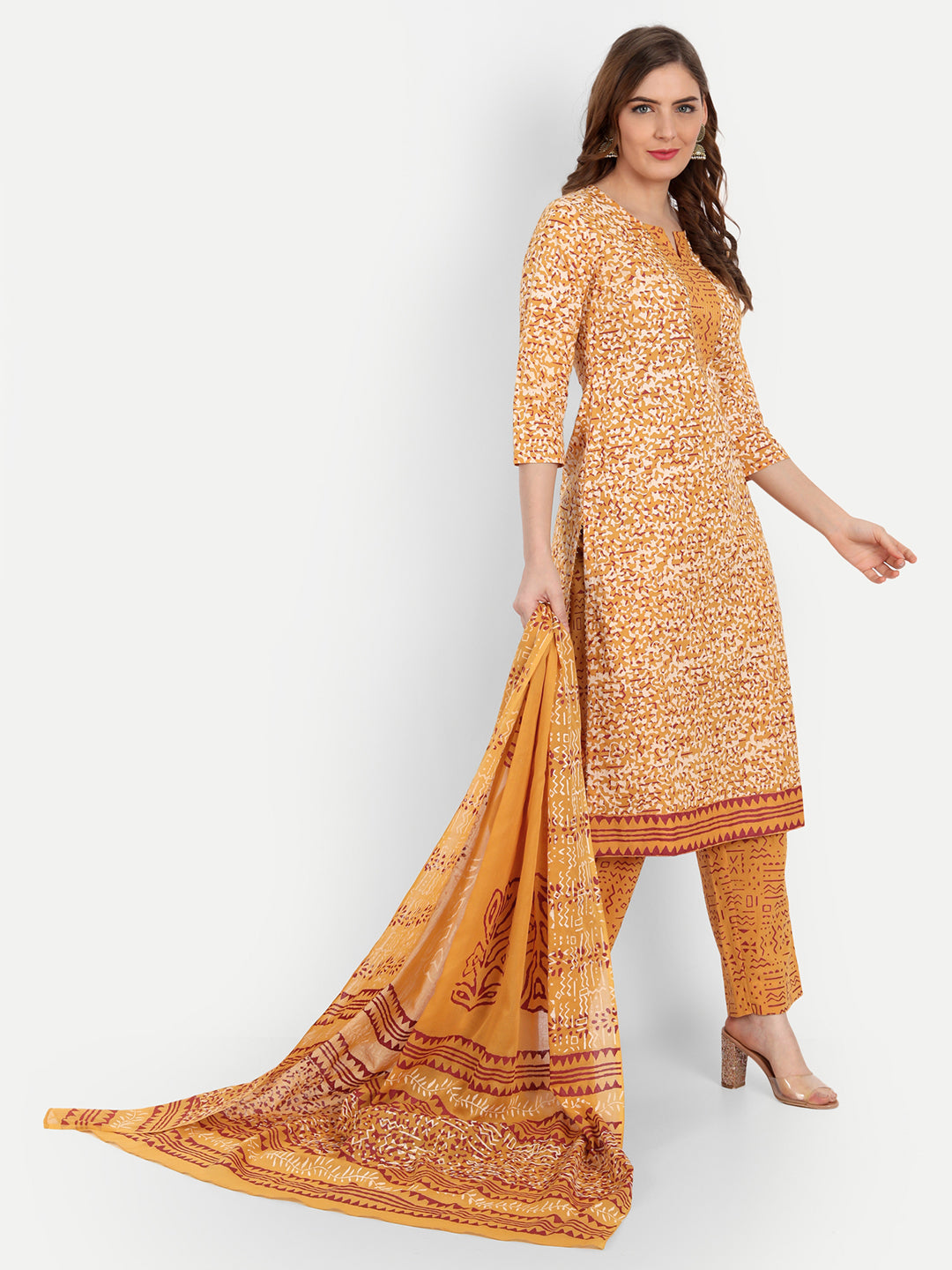 Sanganeri Printed 3Pc Cotton Kurta Set with Embroidery