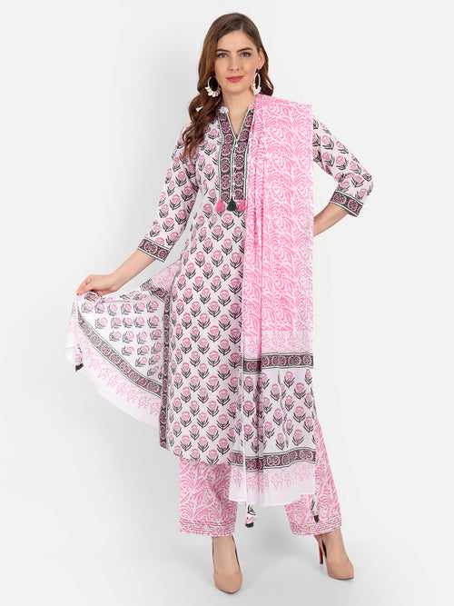 Floral Printed Mul Cotton 3 Pc Kurta Set