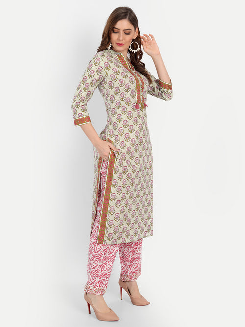 Floral Printed Mul Cotton 3 Pc Kurta Set