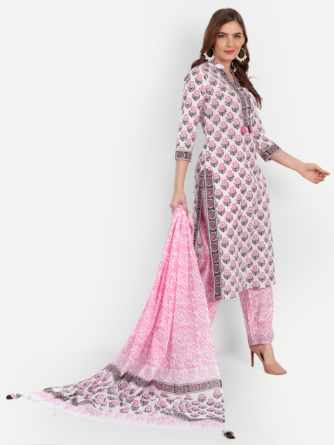 Floral Printed Mul Cotton 3 Pc Kurta Set