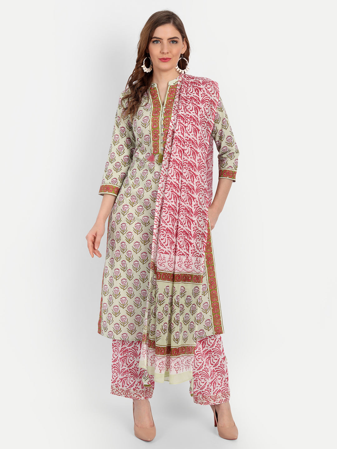 Floral Printed Mul Cotton 3 Pc Kurta Set