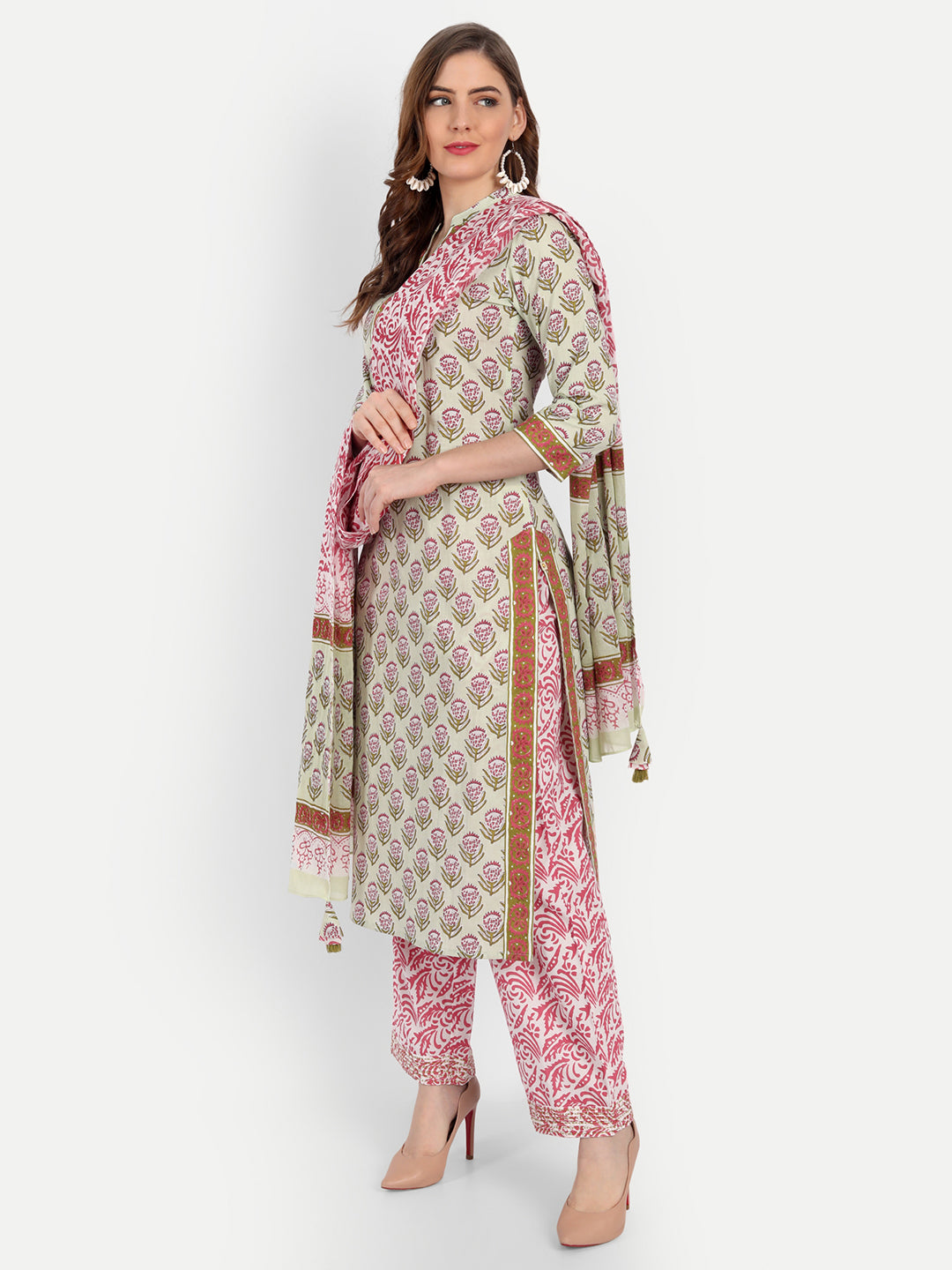 Floral Printed Mul Cotton 3 Pc Kurta Set