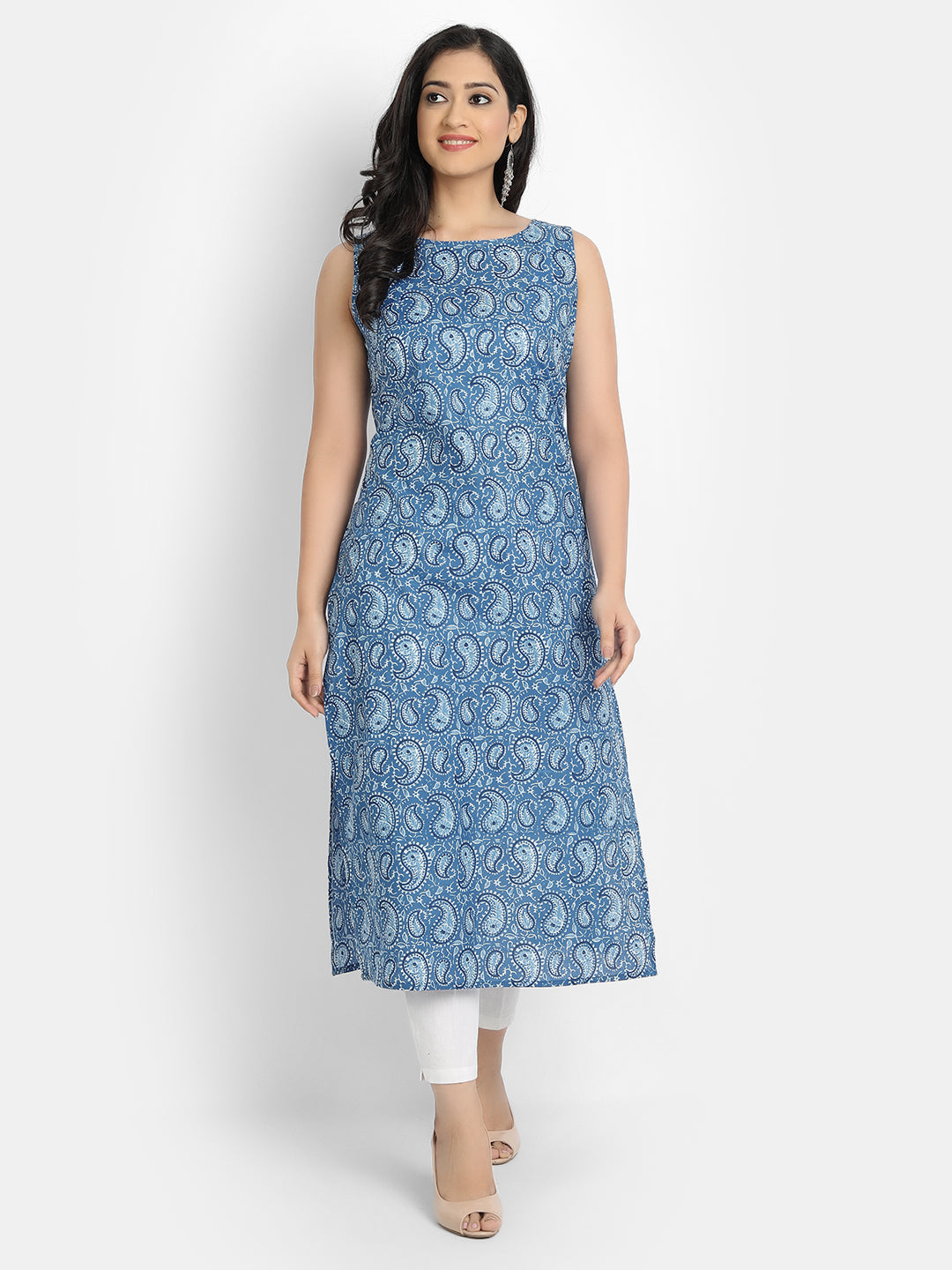 COTTON PRINTED SLEEVELESS STRAIGHT LONG KURTI