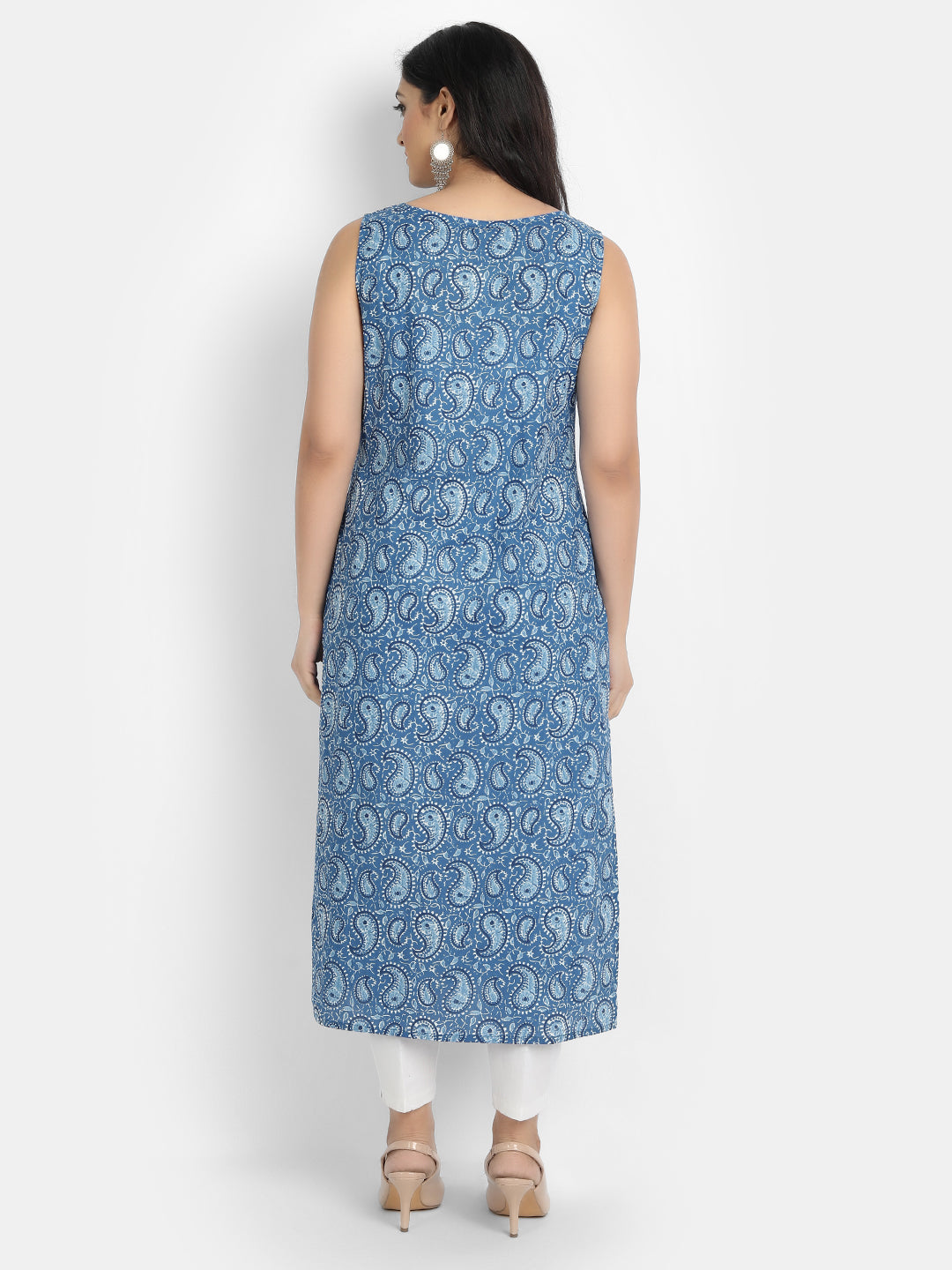 Cotton Printed Sleeveless Straight Long Kurti