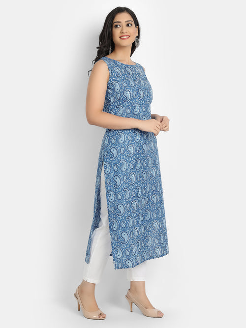 Cotton Printed Sleeveless Straight Long Kurti