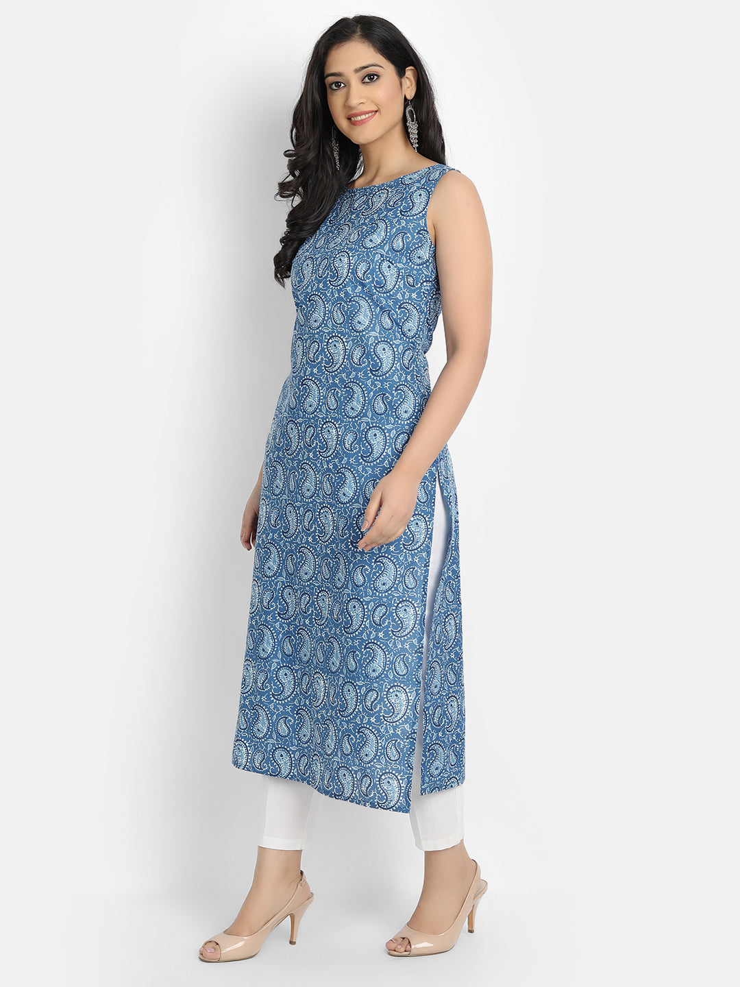 Cotton Printed Sleeveless Straight Long Kurti