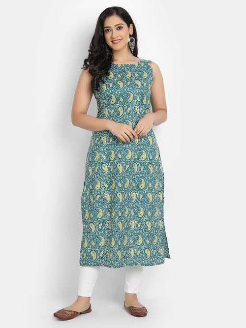 Cotton Printed Sleeveless Straight Long Kurti