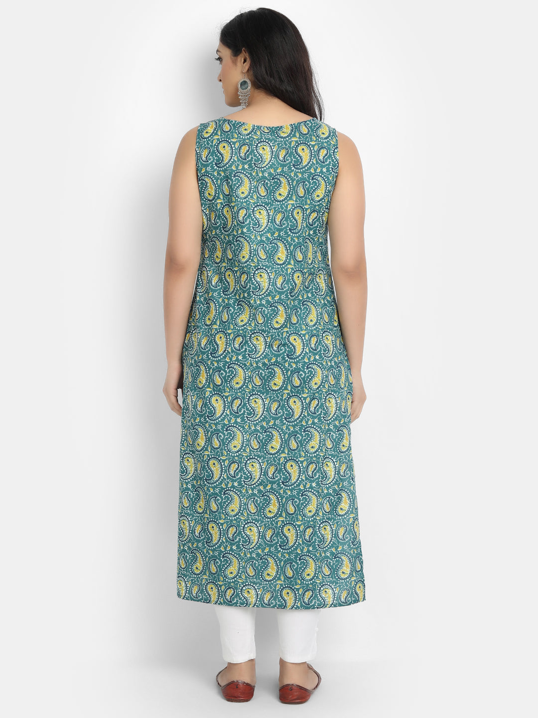 Cotton Printed Sleeveless Straight Long Kurti