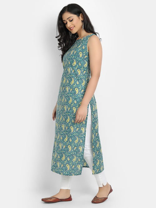 Cotton Printed Sleeveless Straight Long Kurti