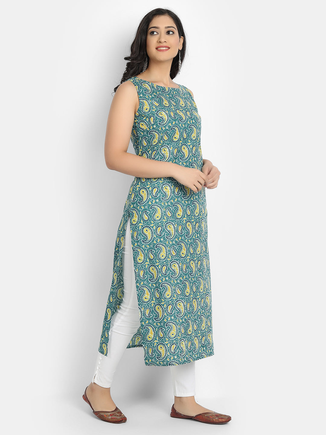 Cotton Printed Sleeveless Straight Long Kurti