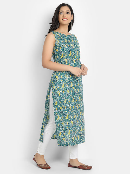 Cotton Printed Sleeveless Straight Long Kurti