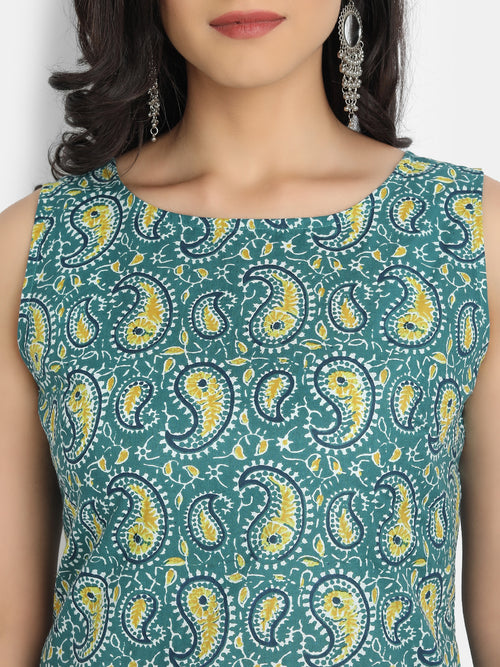 Cotton Printed Sleeveless Straight Long Kurti