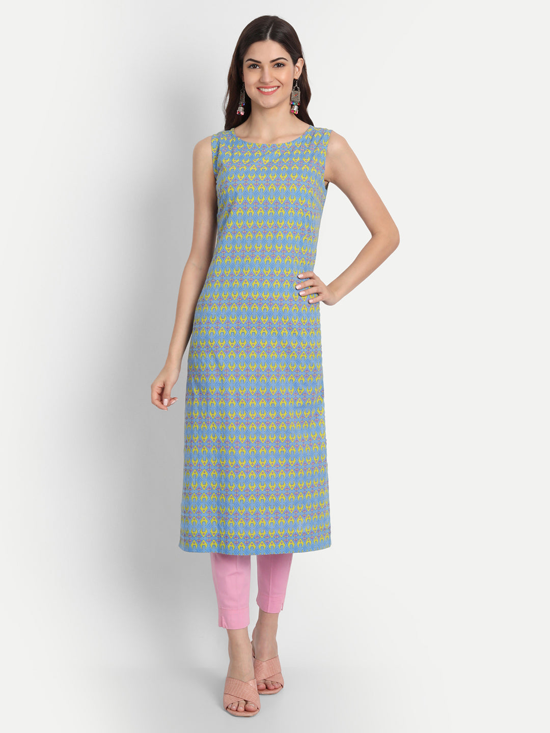 CASUAL WEAR MUL COTTON PRINTED SLEEVELESS LONG KURTI