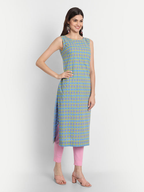 CASUAL WEAR MUL COTTON PRINTED SLEEVELESS LONG KURTI