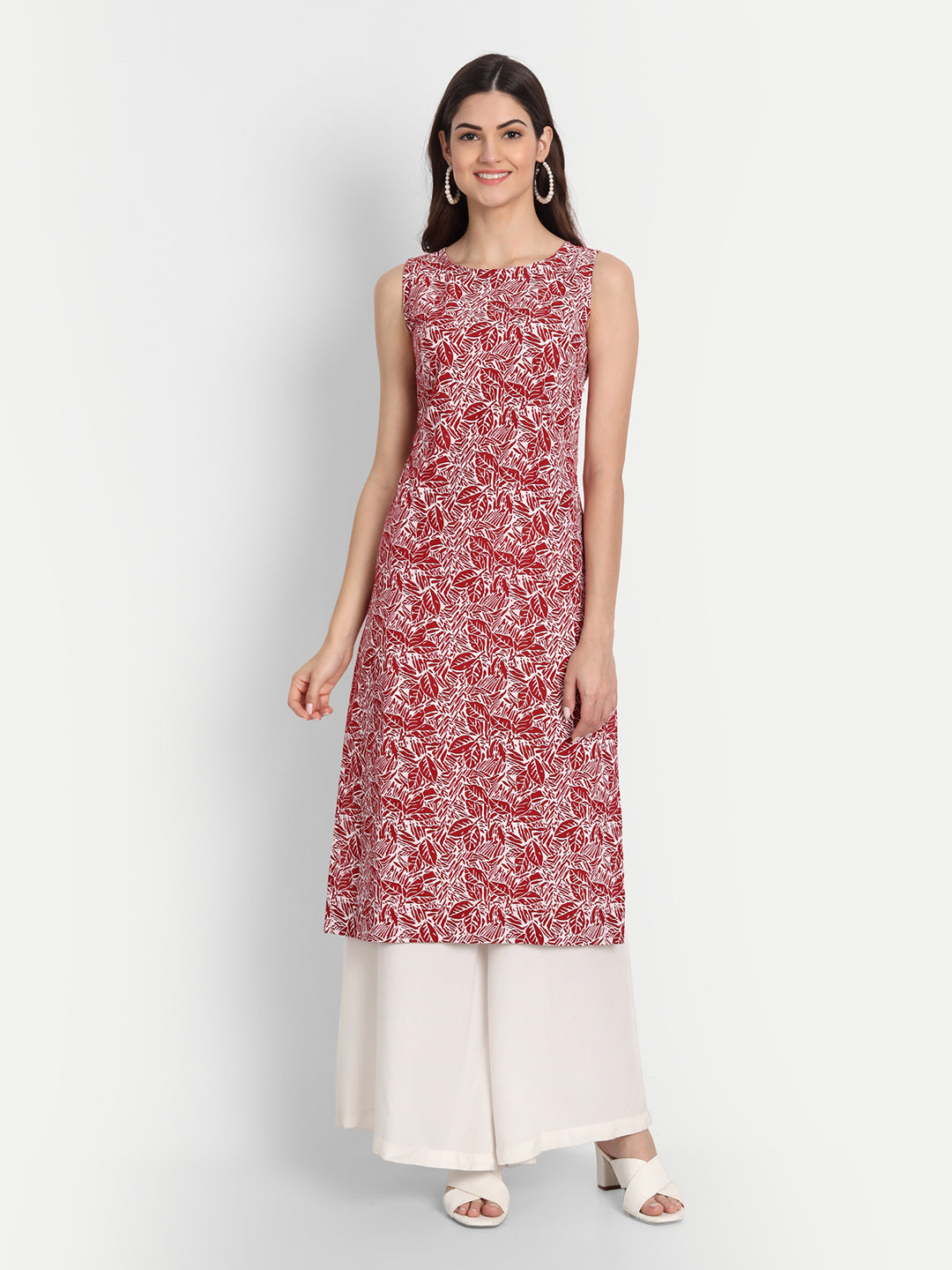 KHADI PRINTED STRAIGHT SLEEVELESS LONG KURTI