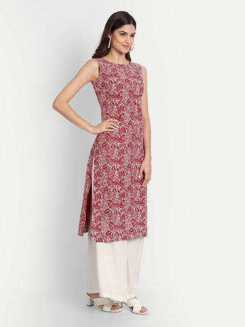 KHADI PRINTED STRAIGHT SLEEVELESS LONG KURTI