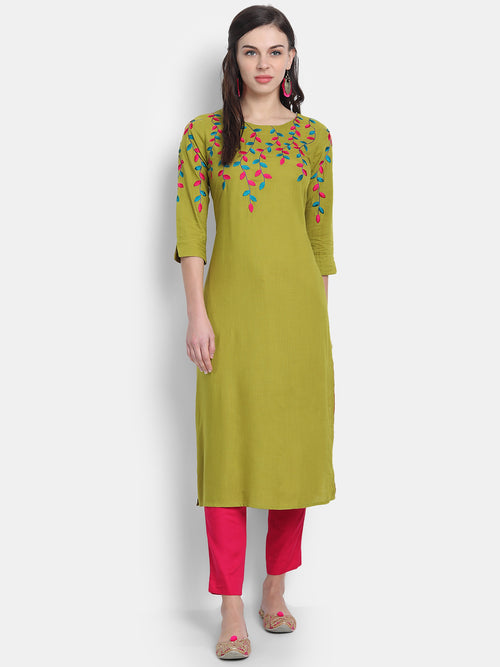 Multi Colour Straight Long Kurti with Embroidery