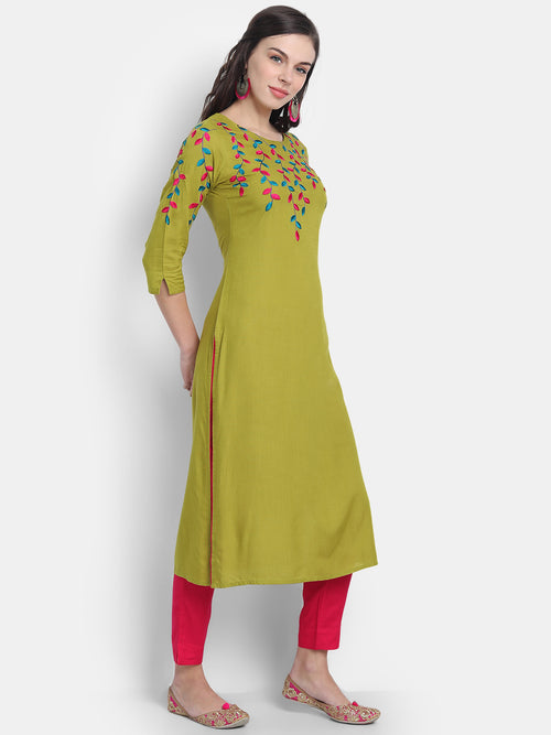 Multi Colour Straight Long Kurti with Embroidery