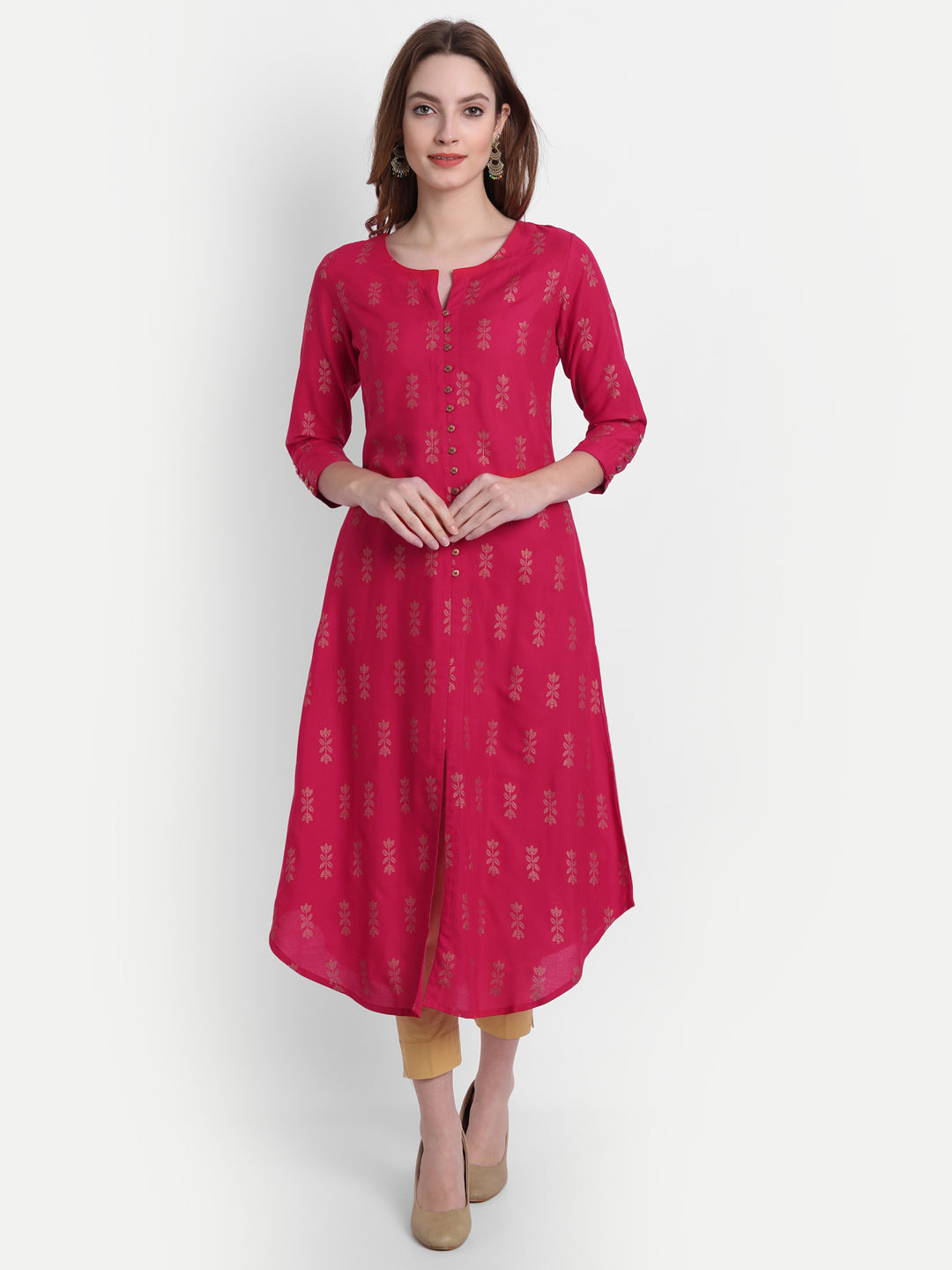 Gold Printed A-Line Long Kurti with Intricate Detailing