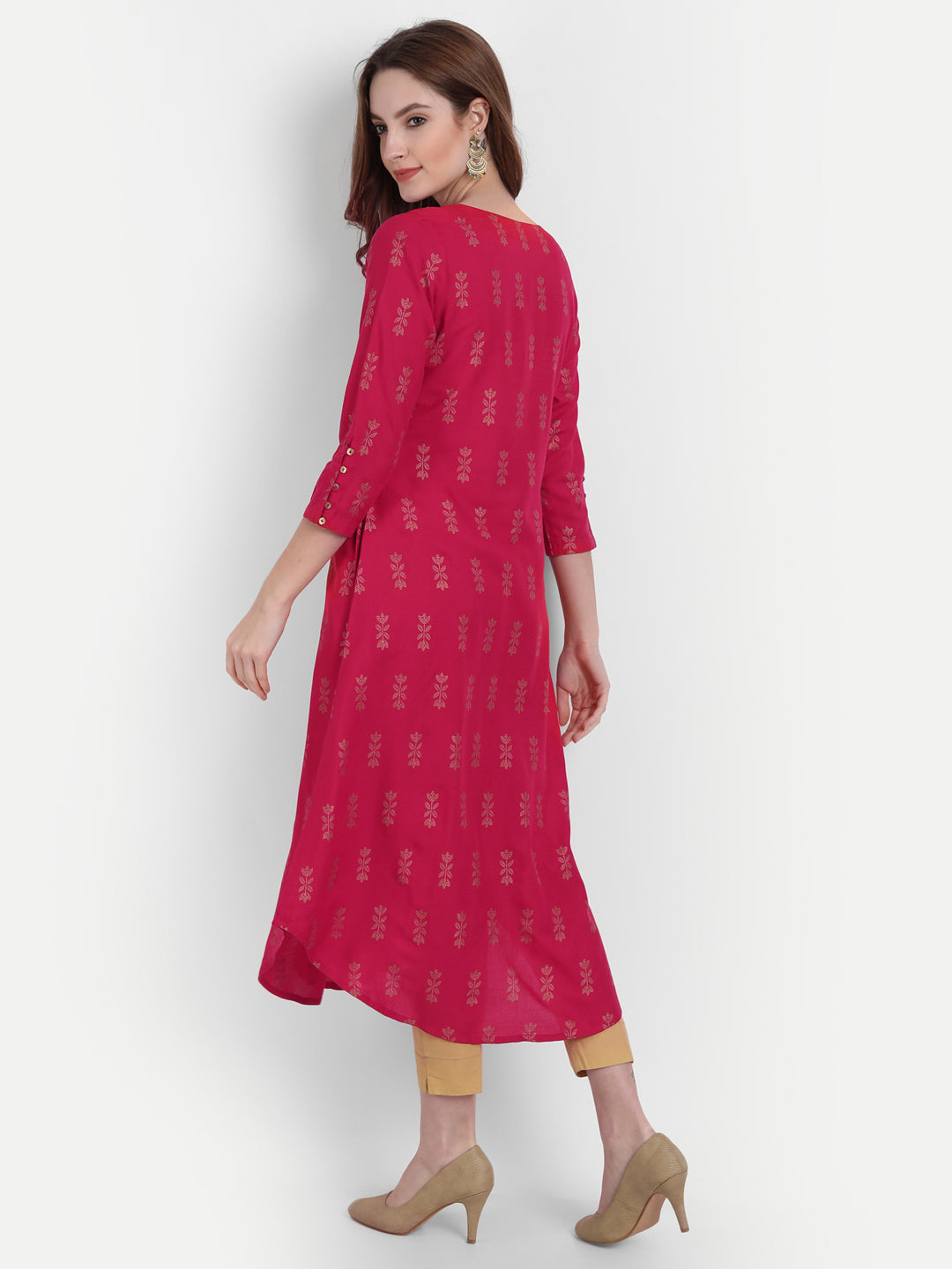 Gold Printed A-Line Long Kurti with Intricate Detailing