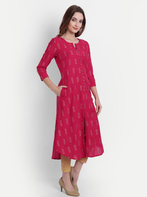 Gold Printed A-Line Long Kurti with Intricate Detailing