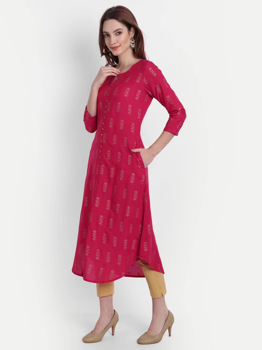 Gold Printed A-Line Long Kurti with Intricate Detailing