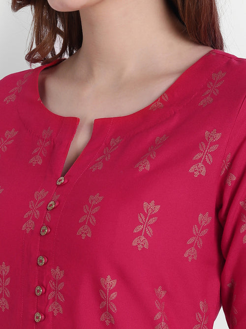 Gold Printed A-Line Long Kurti with Intricate Detailing