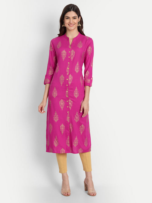 Rayon Gold Printed Long Kurti With Beautiful Neck Line