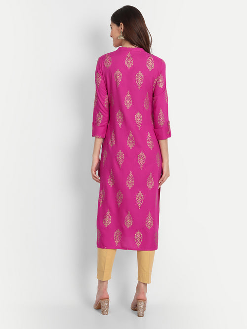 Rayon Gold Printed Long Kurti With Beautiful Neck Line