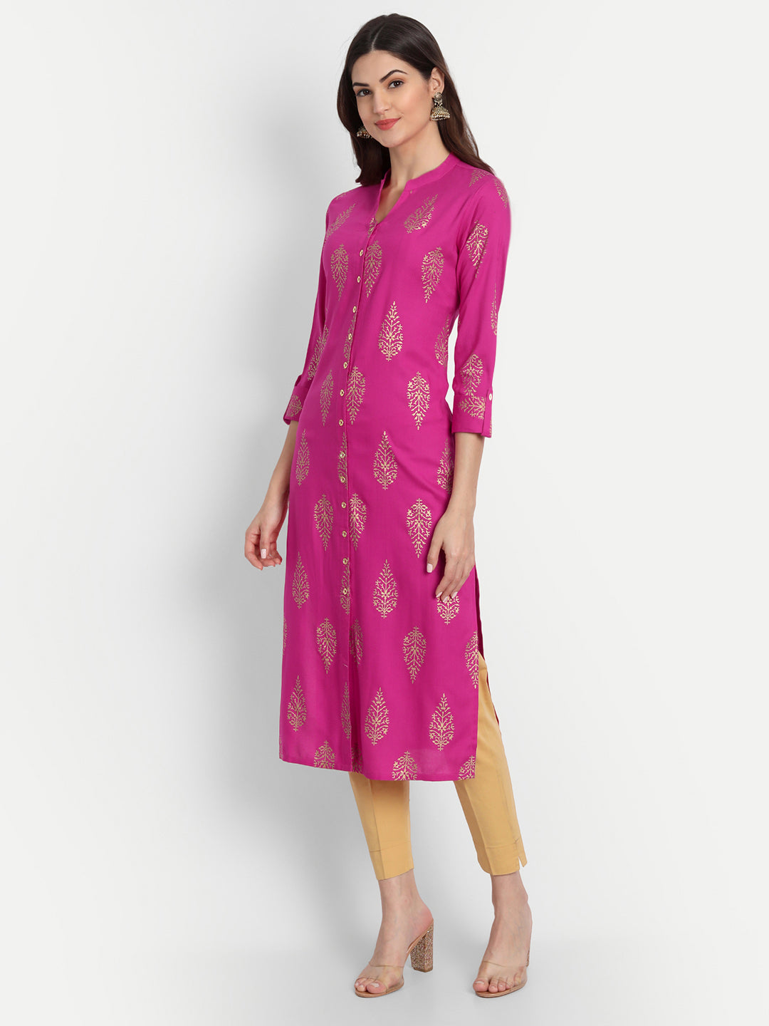 Rayon Gold Printed Long Kurti With Beautiful Neck Line