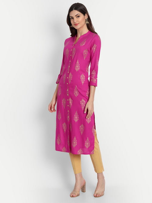 Rayon Gold Printed Long Kurti With Beautiful Neck Line