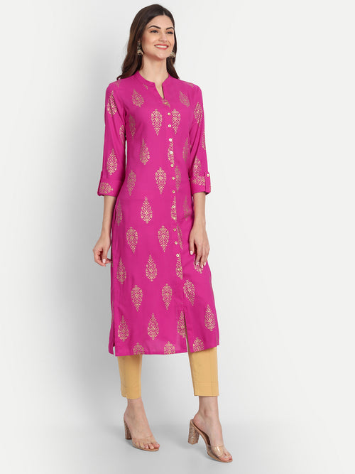 Rayon Gold Printed Long Kurti With Beautiful Neck Line