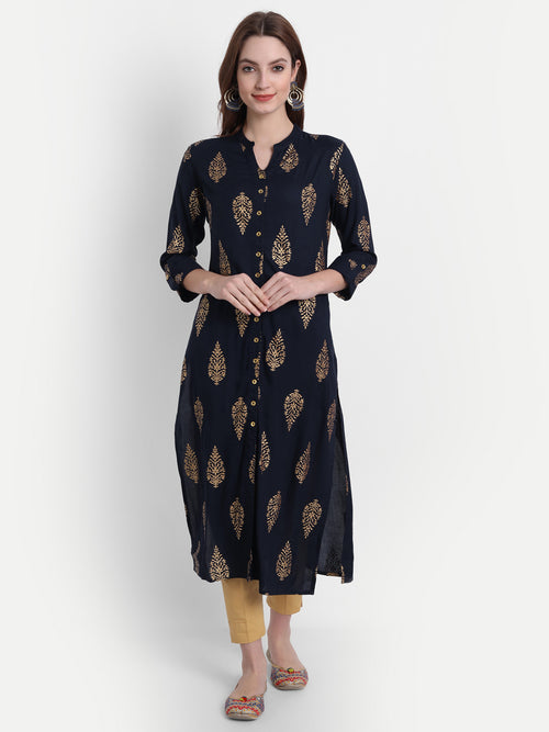 Rayon Gold Printed Long Kurti With Beautiful Neck Line