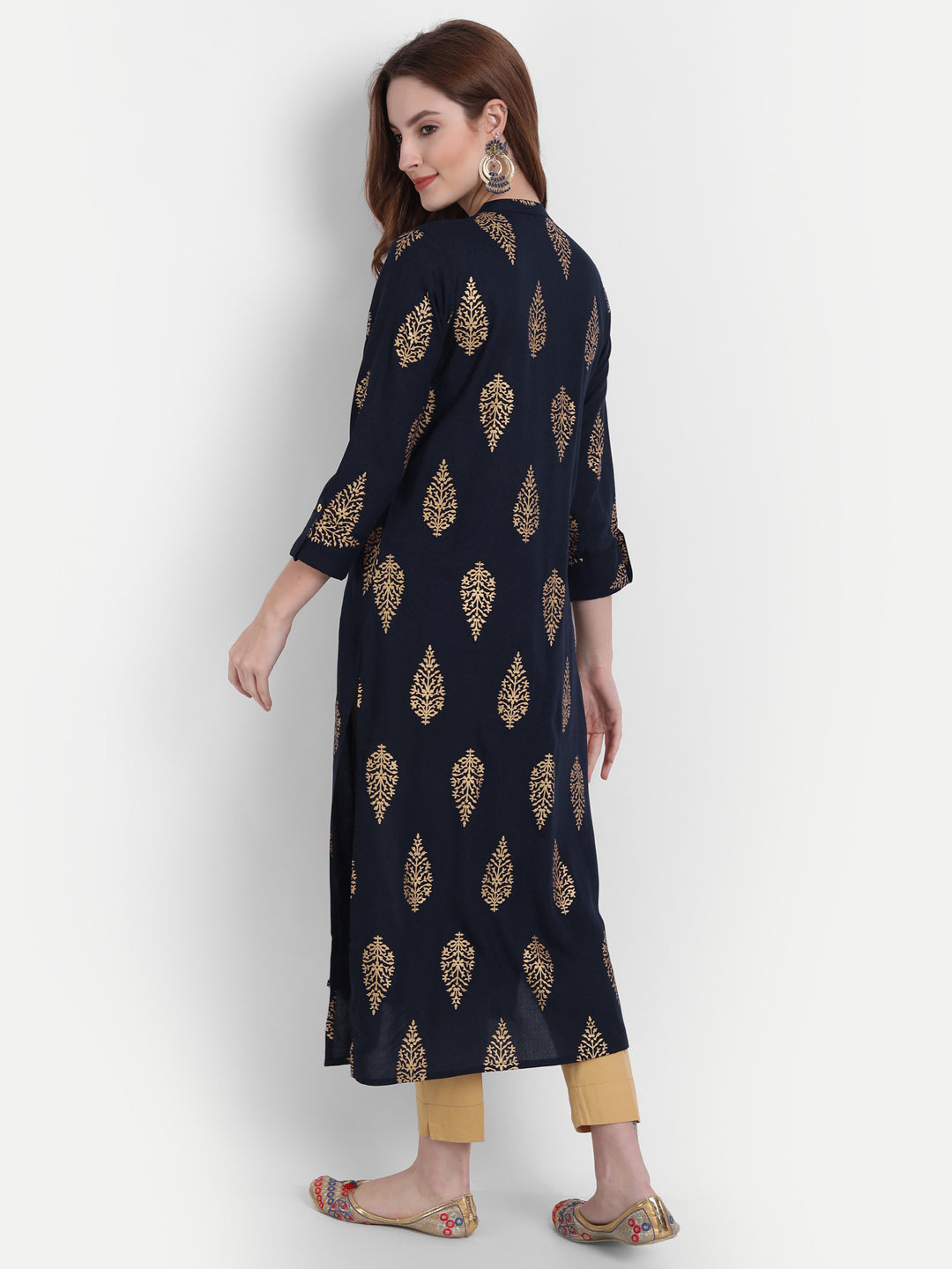 Rayon Gold Printed Long Kurti With Beautiful Neck Line