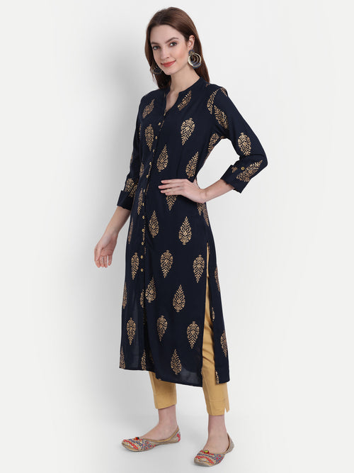 Rayon Gold Printed Long Kurti With Beautiful Neck Line