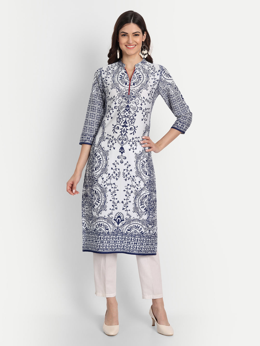 COTTON PRINTED LONG KURTI WITH STAND COLLAR