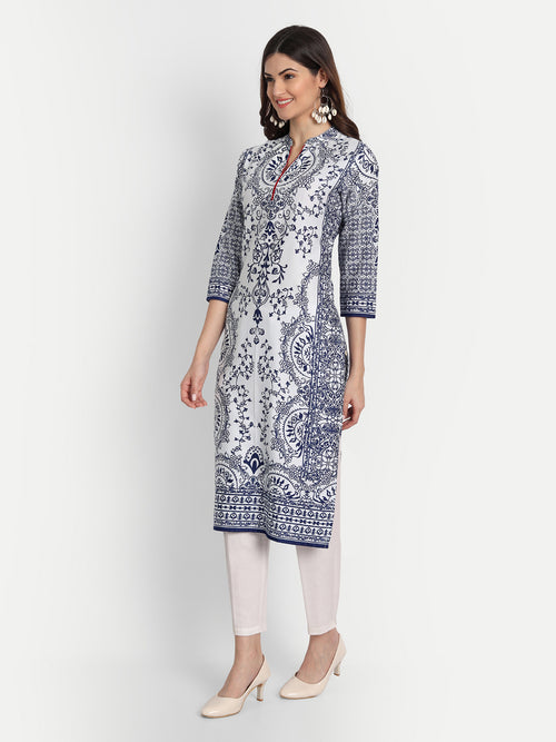 COTTON PRINTED LONG KURTI WITH STAND COLLAR